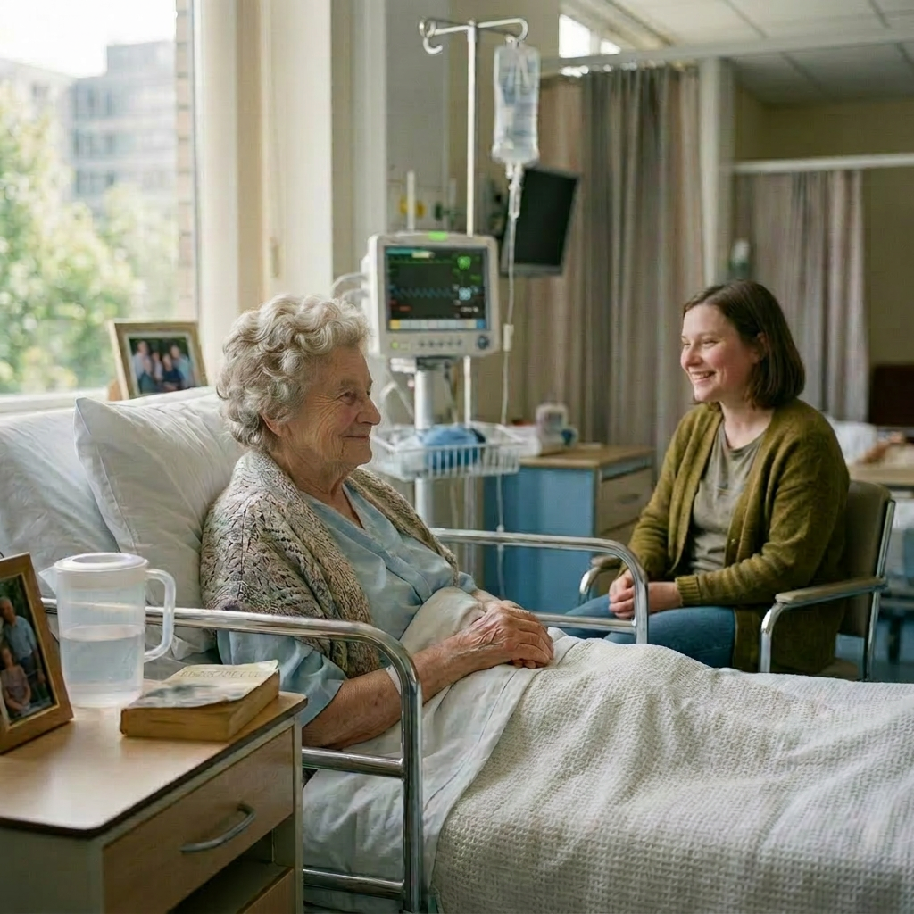 A woman holding hands and speaking with an elderly hospital patient